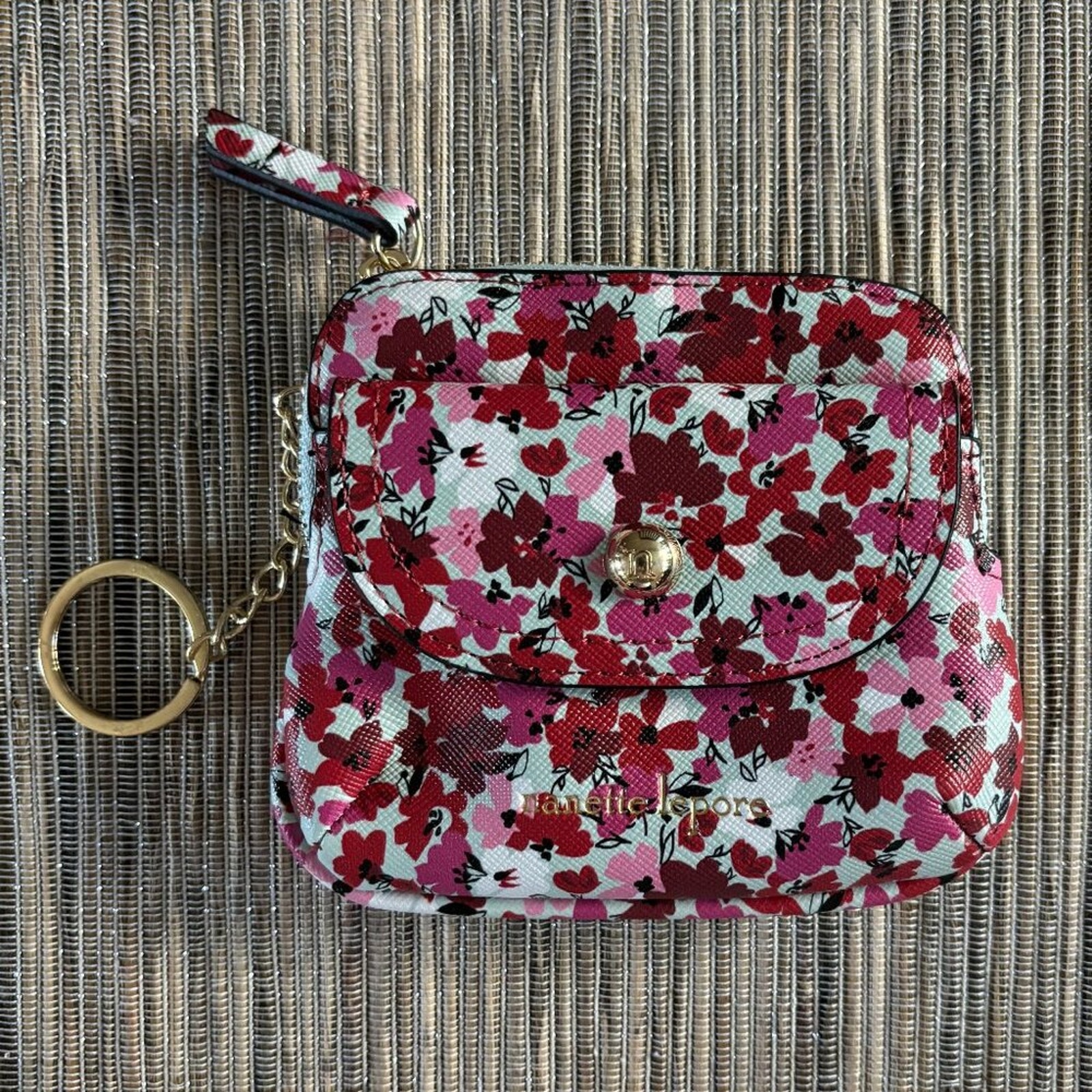 Nanette Lepore | Keychain Pouch Pink Maroon Flowers Mint Background
